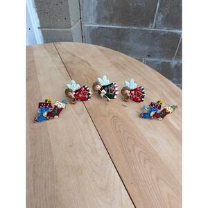 Vintage Christmas Napkin Holder Set of 5 Angels Stockings Holiday Pins Colorful